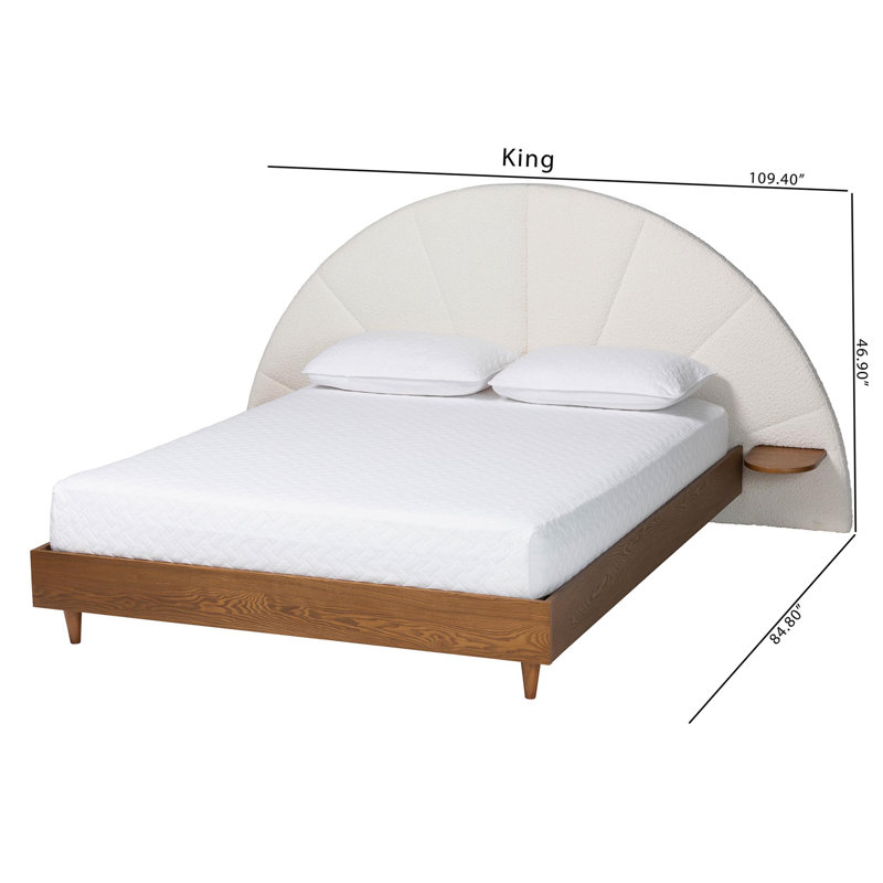 Bernice Japandi Cream Boucle And Walnut Brown Wood Bed, Queen