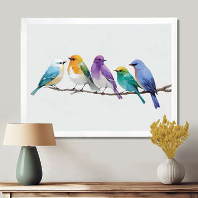 «Colorful Lovebirds Singing On A Branch», reproduction d'art sur toile encadrée, art naturel mauve