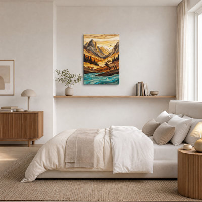 Tableau sur toile représentant un paysage de montagne avec des orignaux et des renards, style bois superposé