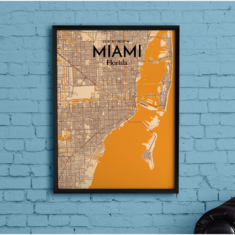 Miami City Map - No Frame Print, 91.4cm H x 61cm W x 0.13cm D