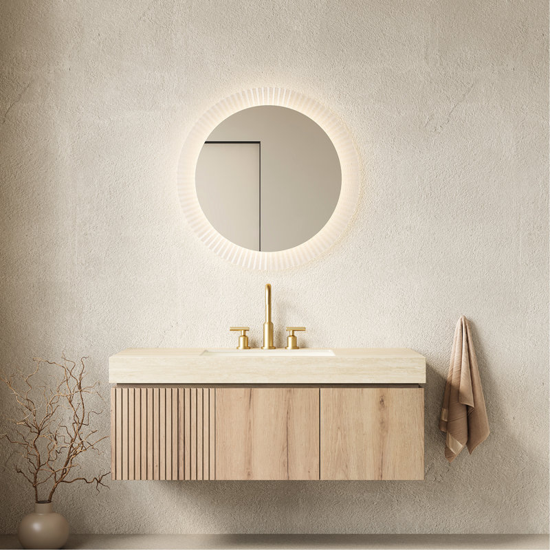 Meuble-lavabo 48 po avec comptoir en pierre frittée, lavabo en céramique, 3 trous de robinet pré-percés, quincaillerie à fermeture en douceur, plateau en chêne blanc, tiroir, portes, eau, tiroirs, résistance
