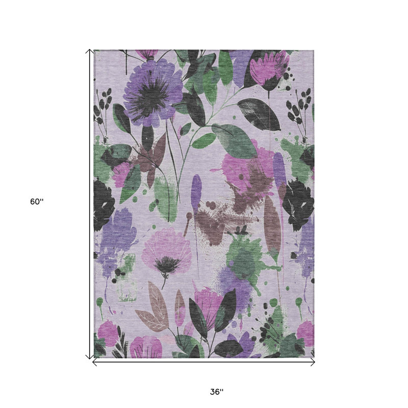3' X 5' Lavender And Artichoke Green Floral Washable Indoor Outdoor Area Rug