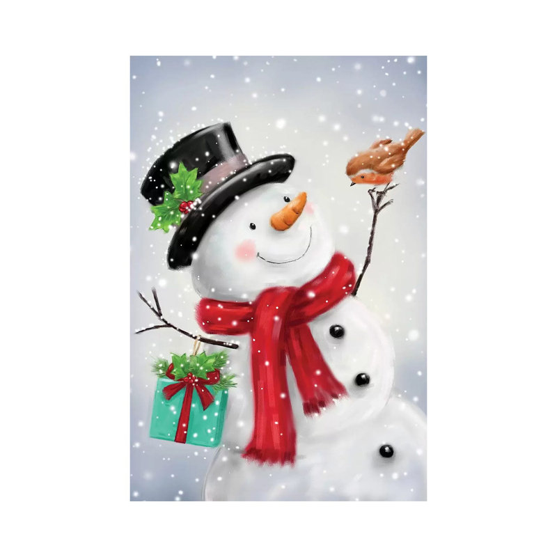 «Snowman and Robin VI B» par Makiko - peinture sur toile tendue, H 12 po x l 8 po x P 0,75 po