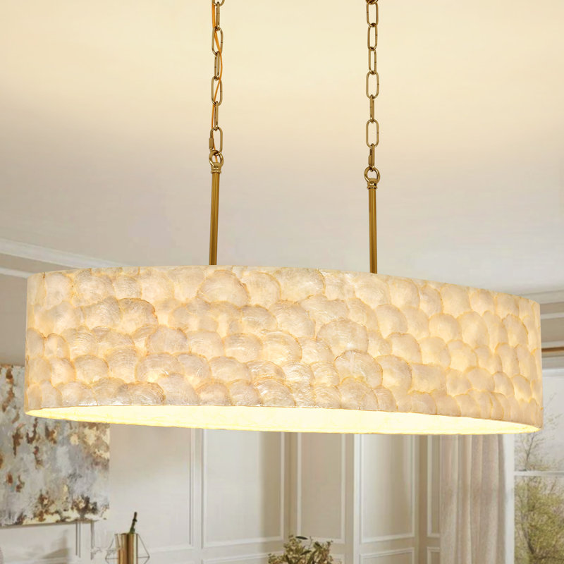 Lustre élégant avec coquillages faits à la main, H 7 po x l 30 po x P 13 po, Doré