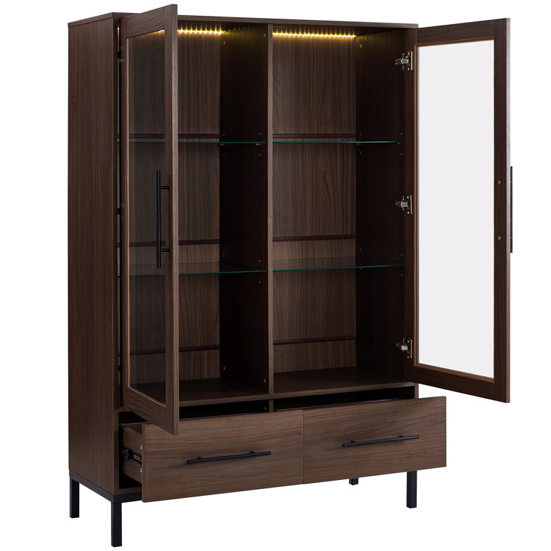 60" High Display Cabinet with 2 Storage Drawers Pantry with Glass Door and LED Lighting, Walnut