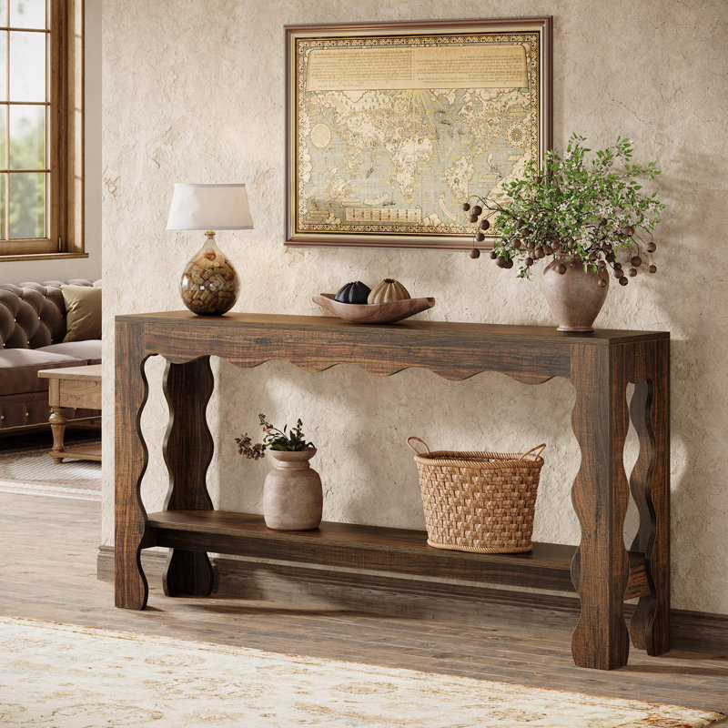 63" Console Table with Curved Legs, 2-Tier, Dark Brown