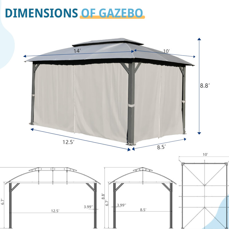 Pavillon de jardin gris 10 pi x 14 pi Tente d'extérieur avec double toit et rideaux d'intimité. Tissu. Cadre en métal pour patio, cour, terrasse, pelouse 10 x 14 pi - gris. Toits améliorés. . Structure en acier. Pour terrasse