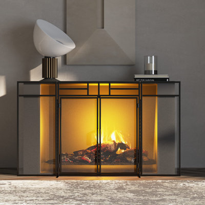 3-Panel Folding Fireplace Screen With Magnetic Hinged Doors, Solid Wrought Iron Panels Fire Spark Guard