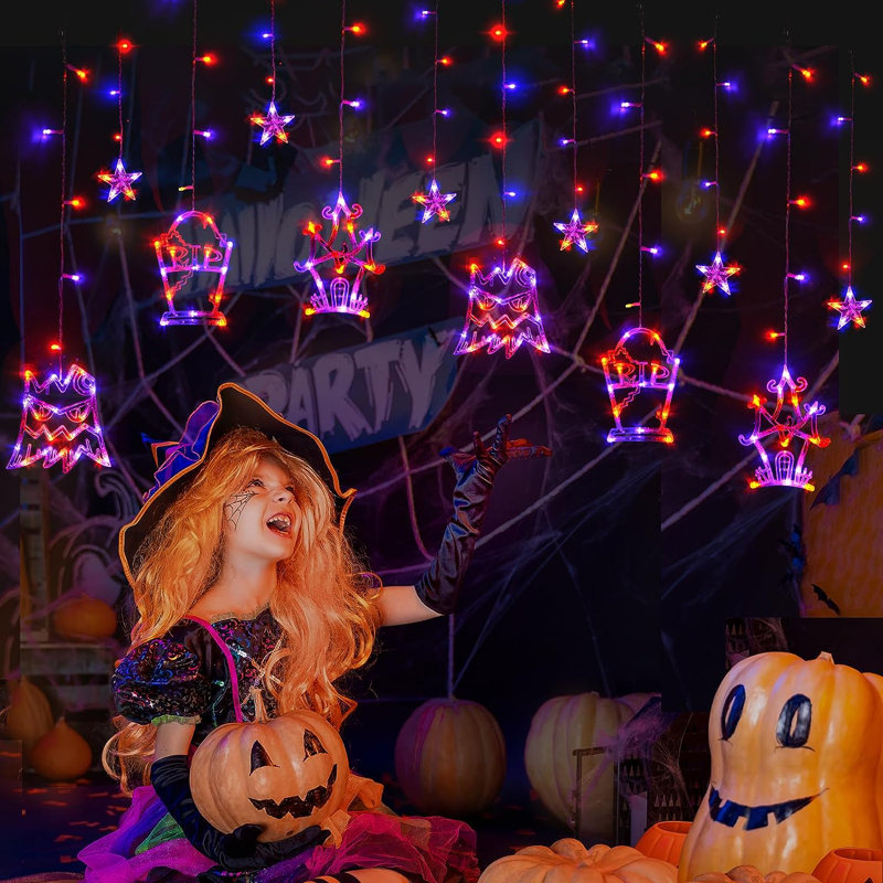 Guirlande de lumières d'Halloween pour la fenêtre, décorations d'Halloween mauve orange, pierre tombale et château, lumières de rideau suspendues d'intérieur à 183 lumières, télécommande, 8 modes de clignotant, Max Connect 2 ensembles