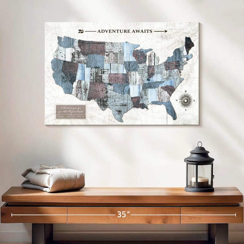 «Adventure Awaits I Push Pin USA Amrico», H 16 po x l 24 po
