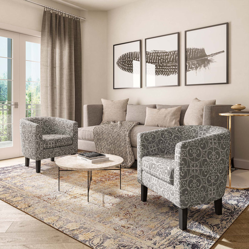 Ensemble de 2 fauteuils demi-tonneau ronds blancs et gris avec rembourrage doux et confortable, Gris / lin blanc