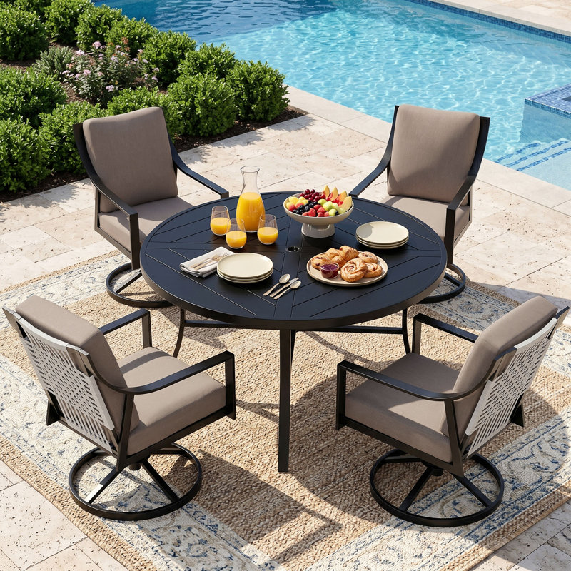 Round 4 - Person Dining Set With 4 Swivel&Rocking Chair And Cushions, Shale Cushion/Black Frame