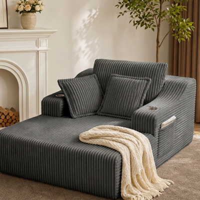  67" Oversized Chaise Lounge Chair Indoor, Boneless Chaise Lounge Chair with Cup Holders Side Pockets 3 Pillows, Cloud Corduroy Chaise Sofa Bed Sleeper Couches for Living Room No Assembly Require,Gray