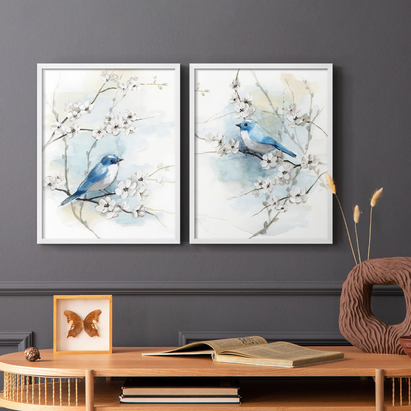 «Blossoms and Bluebird I», reproduction encadrée de qualité supérieure - prête à être accrochée - aucun clou requis - aucun clou requis