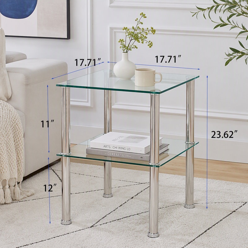 Ensemble de 2 tables d'appoint transparentes, tables basses en verre à 2 niveaux avec tablette de rangement