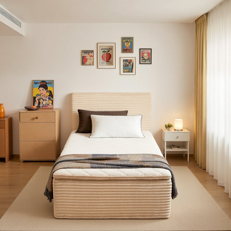Lit plateforme tapissier tout-en-un rembourré avec matelas en mousse et lit de compression, Lit simple, Beige