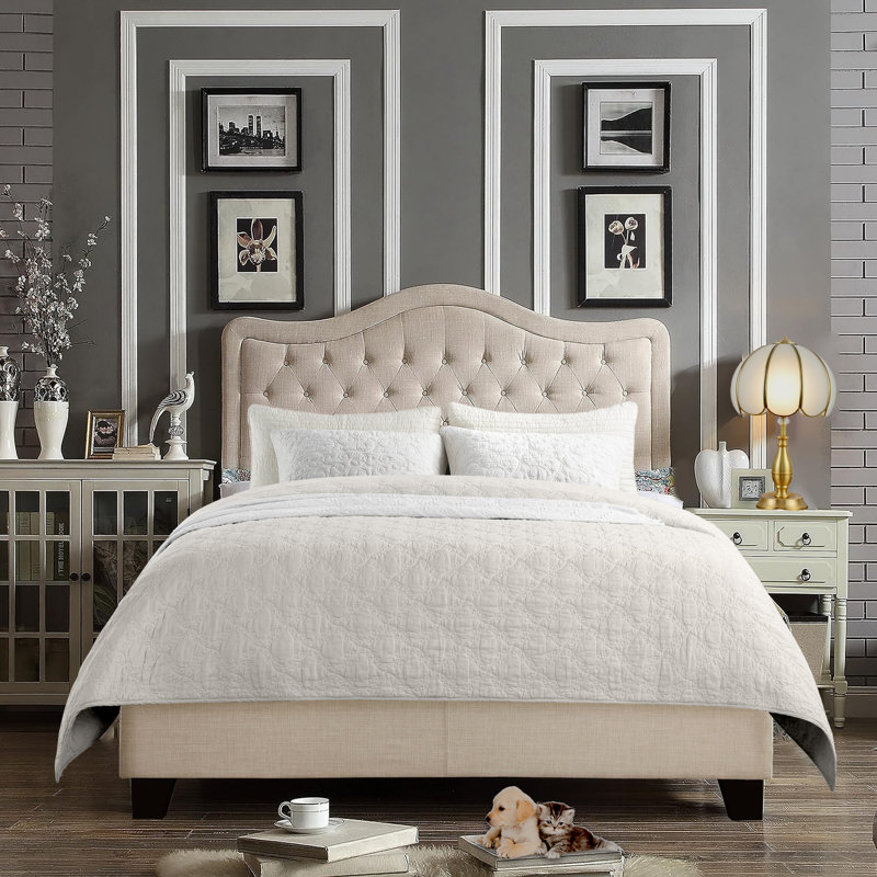 Betancur Upholstered Unfinished Slat Bed with Adjustable Headboar, Button Tufted Platform Bed, Full, Beige