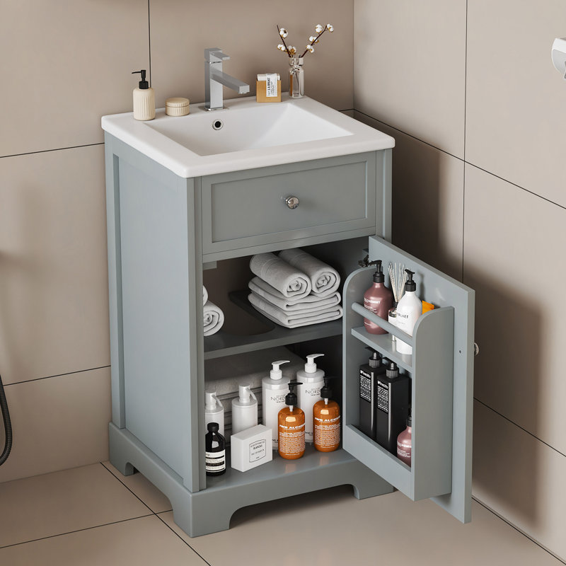 Meuble-lavabo de 20 po avec lavabo, armoire de salle de bain avec porte à fermeture douce, support de rangement et tablette réglable