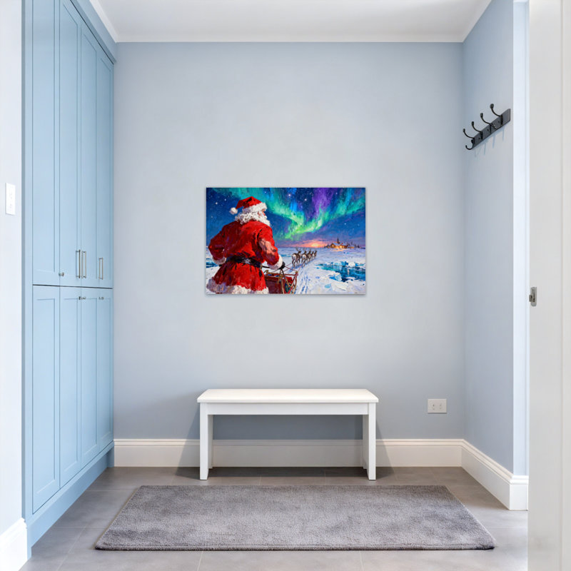 Noël, père Noël, traîneau, renne, aurore, ciel, paysage d'hiver, H 16 po x l 24 po