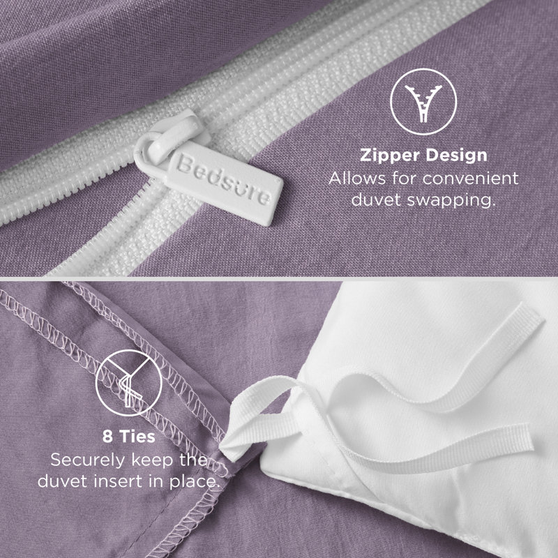 Bedsure Microfiber Duvet Cover Queen Size - Prewashed Cotton-Like Extra Soft Bedding Set (Set of 3), Grayish Purple