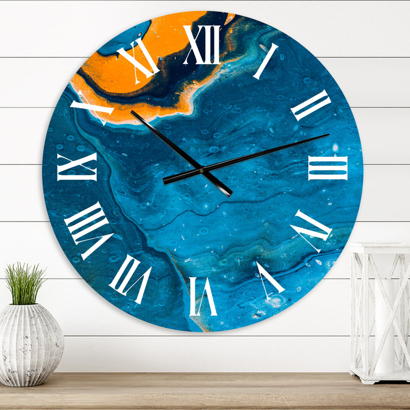 Abstract Marble Composition In Blue And Orange III - Modern Wall Clock, Small