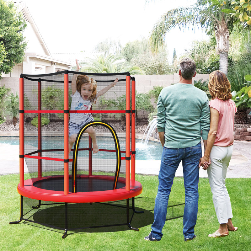 55" Red Round Kids' Trampoline with Safety Enclosure