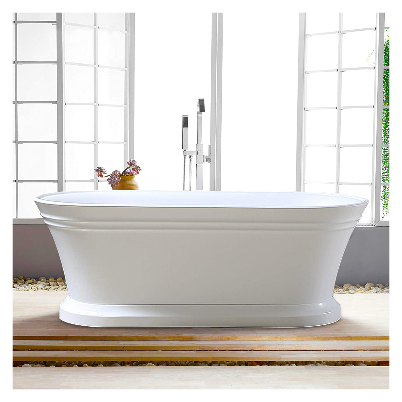 59" x 30" Freestanding Soaking Acrylic Bathtub, White/Classic Chrome