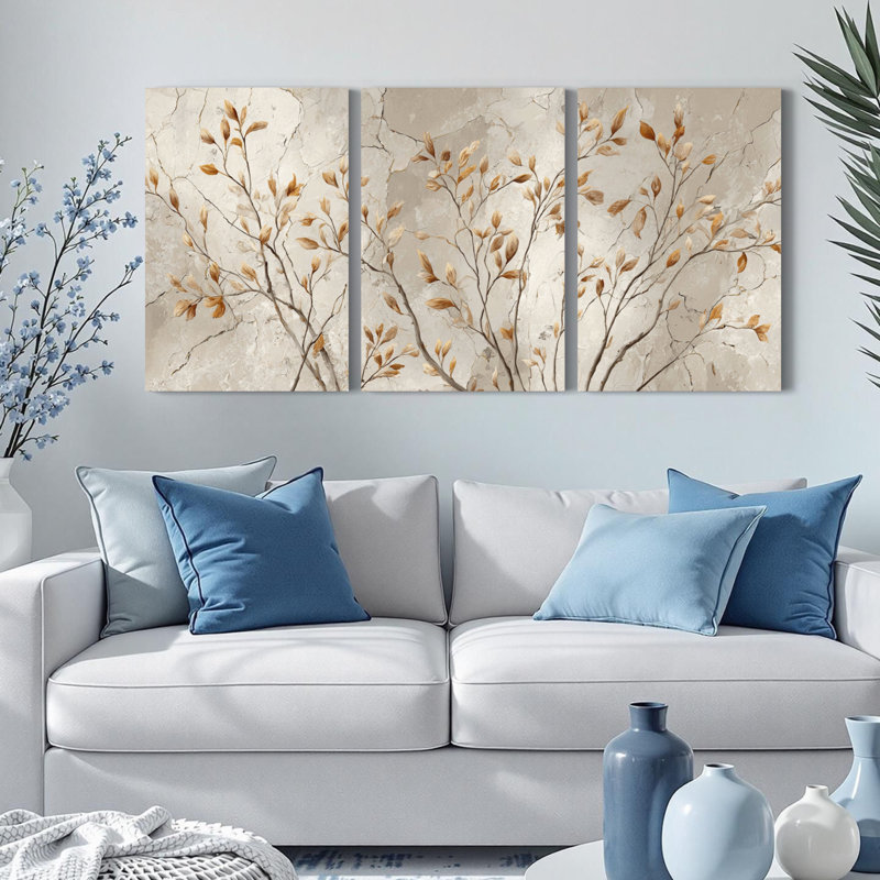 Ensemble de 3 tableaux abstraits sur toile, représentant des branches et des feuilles, pour la décoration du salon et de la chambre.