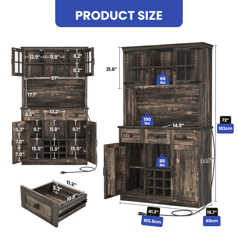 Armoire de bar, armoire à vin, armoire à vin avec porte-bouteilles, station de charge et bande DEL Darissa, Chêne foncé
