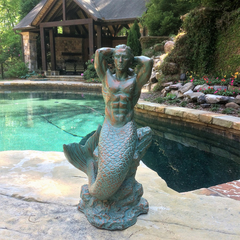 Statue de sirène de sirène sur la côte, H 21 po x l 11 po x P 9 po, Bronze patiné