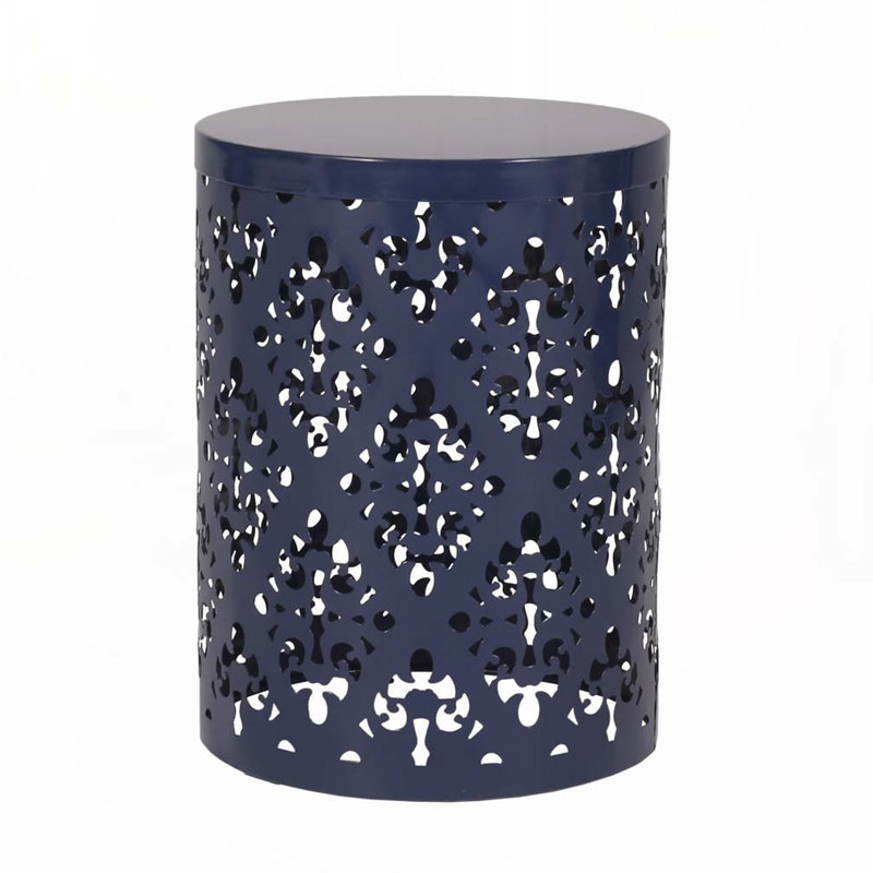 Patio End Table with Metal Frame,Round Top and Straight Cylindrical Shape, Navy Blue