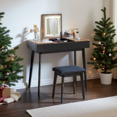 Naiyeli Modern Makeup Vanity Desk Set with Flip up Mirror & 3 LED Light, Writing Desk with Power Outlet, Bedroom Makeup Table with Cushioned Stool for Women