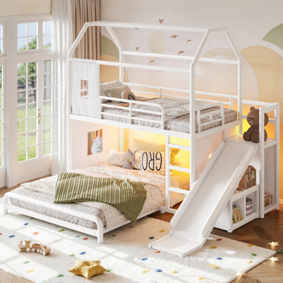 Lit superposé en métal avec glissade, échelle, lumière DEL, rideau, armoire de rangement et tringle à vêtements. Blanc.