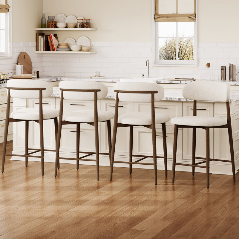 Ensemble de 4 tabourets de bar Mid-Century modernes de 26 po à hauteur de comptoir avec dossier incurvé ergonomique et siège rembourré en lin