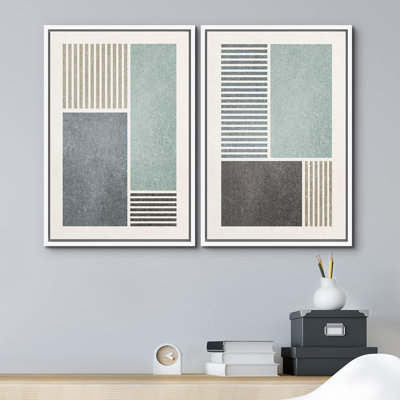 Geometric Line Minimalist Blue And Gray Rectangle And Line Abstract Shapes Modern Chic On Canvas 2 Pieces Print