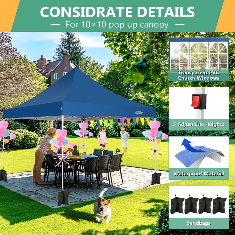 10x10ft Instant Pop-Up Canopy Tent with 3 Sidewalls - Waterproof Commercial-Grade Outdoor Shelter for Parties & Backyard, UV50+ Protection, Portable Frame with 4 Sandbags