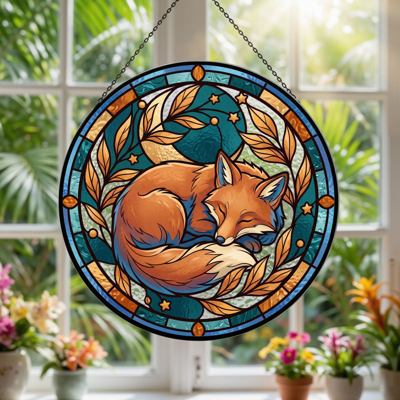 Sleeping Fox Stained Glass Window Panel，7.8H, 7.8"H