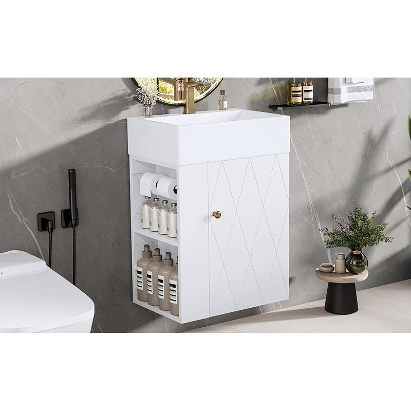 Meuble-lavabo moderne avec lavabo en céramique, porte à motif de losanges, poignée dorée, tablettes de rangement latérales et barre à serviettes pour les petits espaces