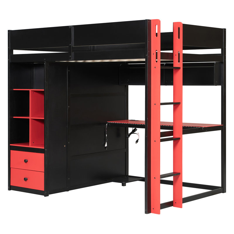 Lit mezzanine pour enfants avec bureau Nexus, garde-robe et tiroirs de rangement, Lit double, Red