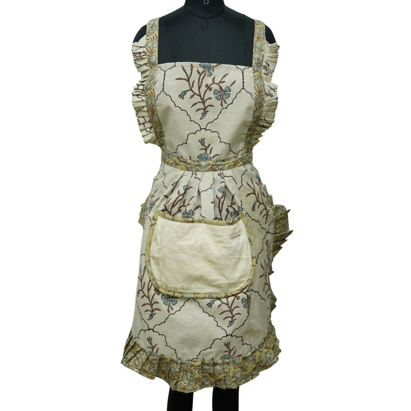  Rustic Apron – Handprinted Arch Garden in Earth Tones, Daisy, Blue
