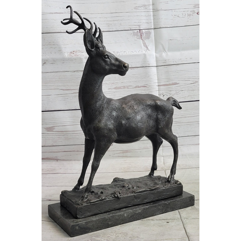 Bronze Deer Figurine on Marble Base with Antlers