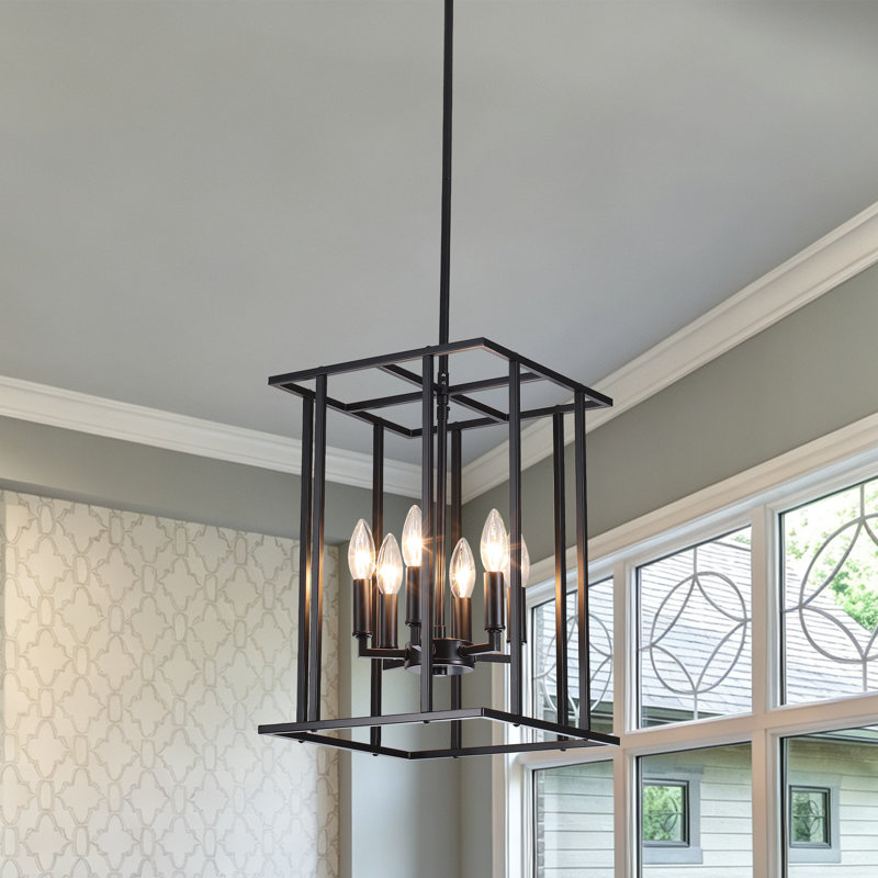 6 - Light Dimmable Lantern Rectangle Chandelier, Matte Black