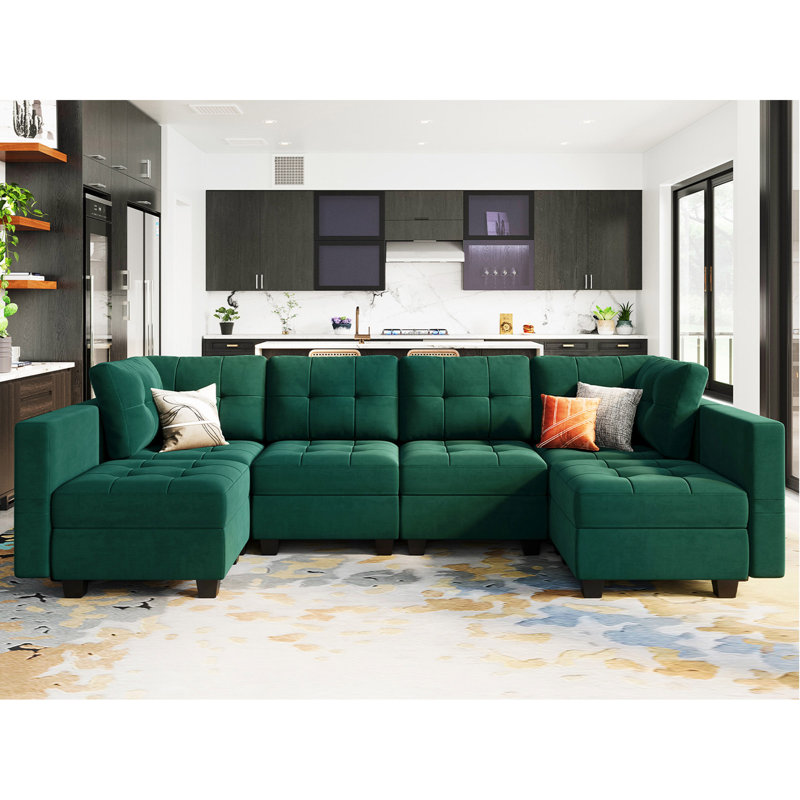 Buckleton 116.6'' Wide Tufted Velvet Sectional Sofa Reversible Modular Couch with Storage Ottoman, Green Velvet