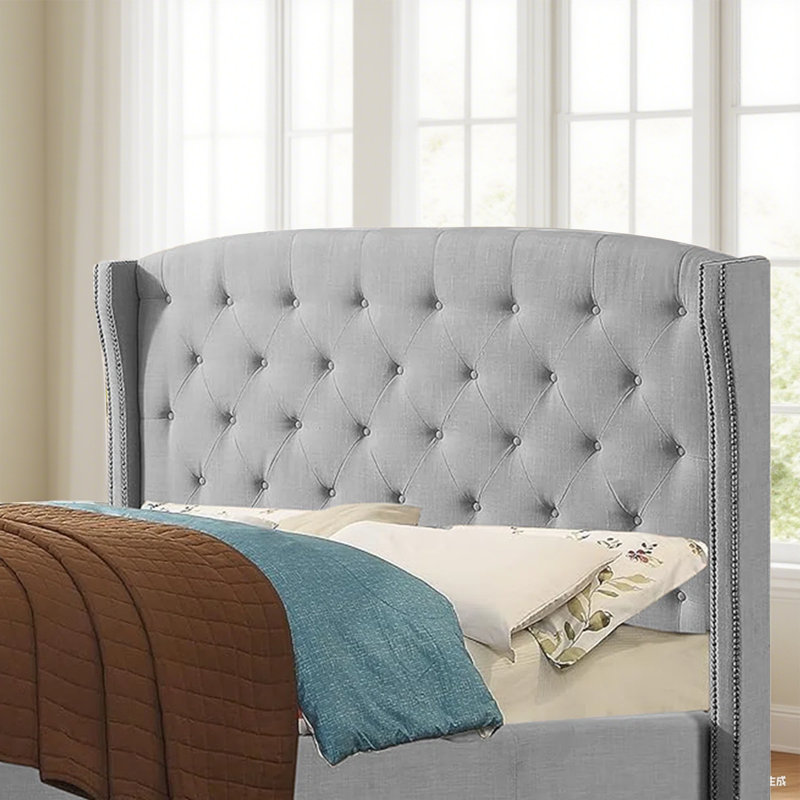 Linen Upholstered Wingback Headboard with Double Nailhead Trimming and Button Tufting for Bedroom, Gray, Twin