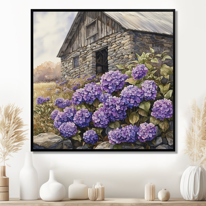 Downend Hydrangeas By The Stone Barn - Hydrangea, art mural, Impression encadrée flottante, Noir, noir, noir, noir