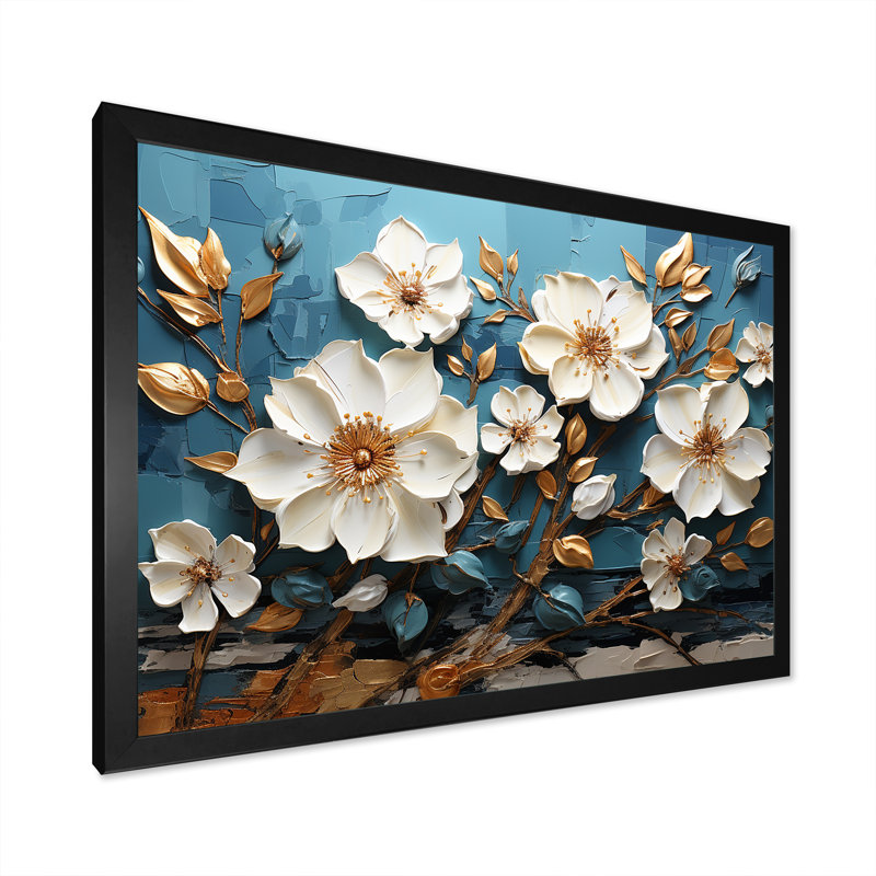 Blanc et doré, charmante fleur printanière I - Fleurs, art mural, H 12 po x l 20 po x P 1 po, Cadre d'angle fermé noir