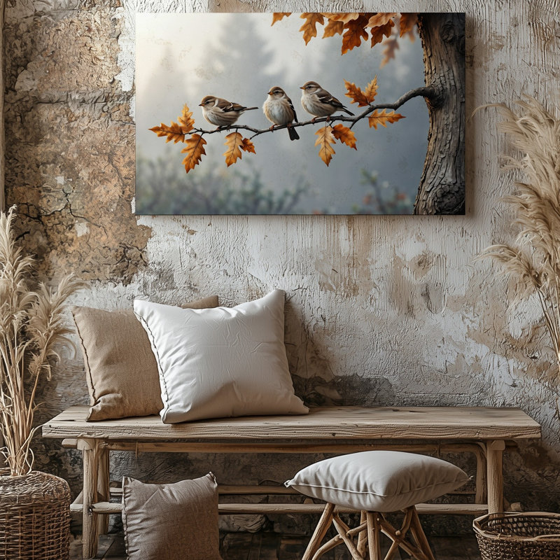 Toile dans un paysage tranquille doucement illuminé, trois petits oiseaux avec art mural, corps arrondis et plumes détaillées