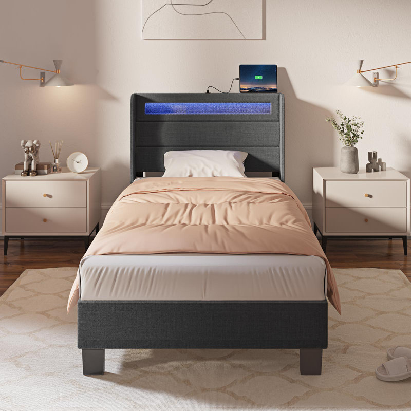Dimtry Upholstered Bed with Headboard, LED Lights and USB Power Strips, Twin / Single