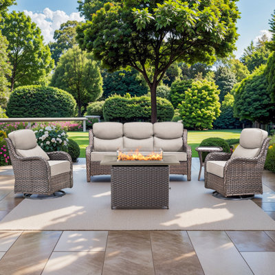 5 Pieces Patio Furniture Set, Outdoor Wicker Sofa Couch With Rocking Swivel Chairs And 55000 Gas Fire Pit, Modern Deep Seat Rattan Conversation Sets For Porch Deck
