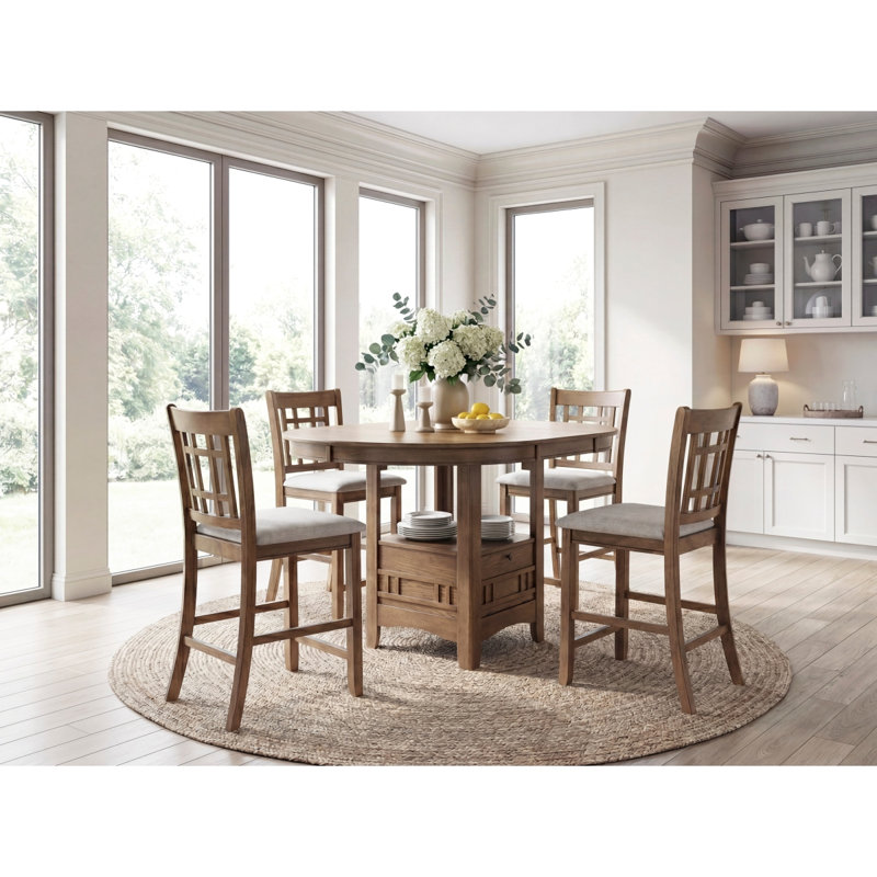Ensemble de salle à manger brun à hauteur de comptoir 5 pièces Table ronde extensible ovale et chaises